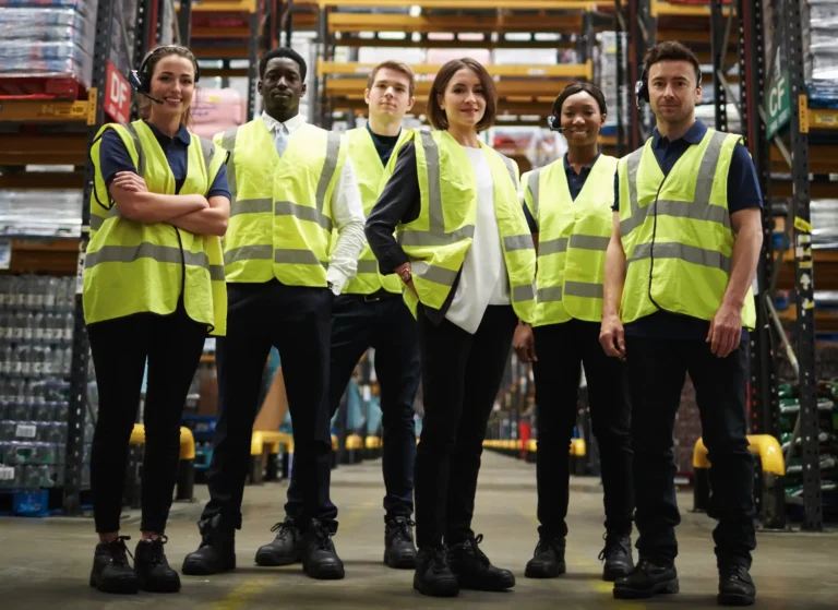 Group portrait of staff at distribution warehouse