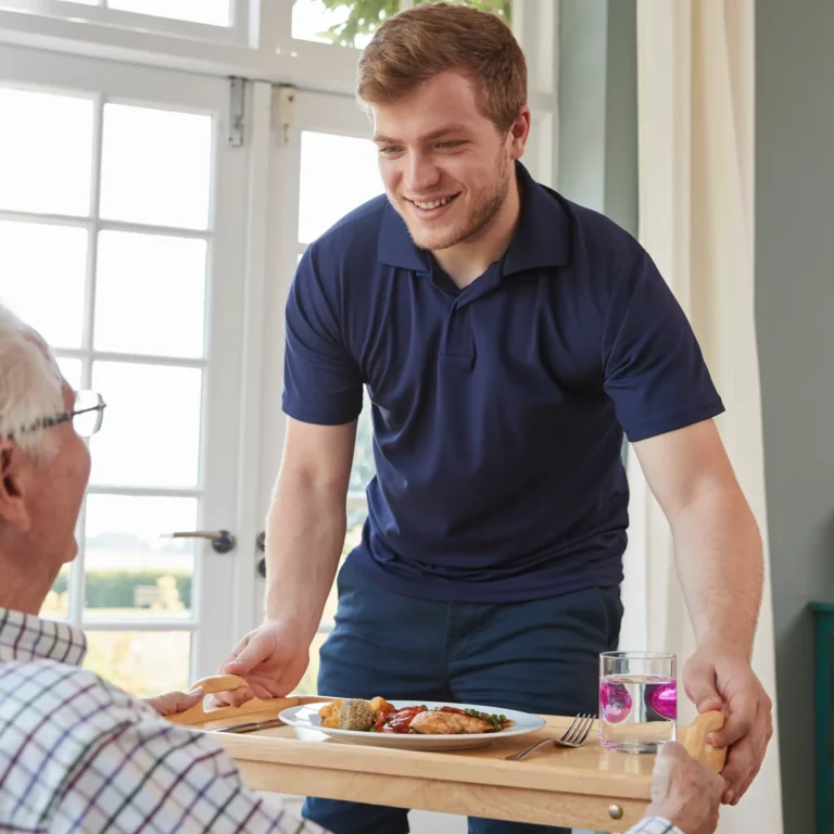 Male care worker serving food