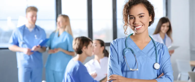 Smart medical student with her classmates